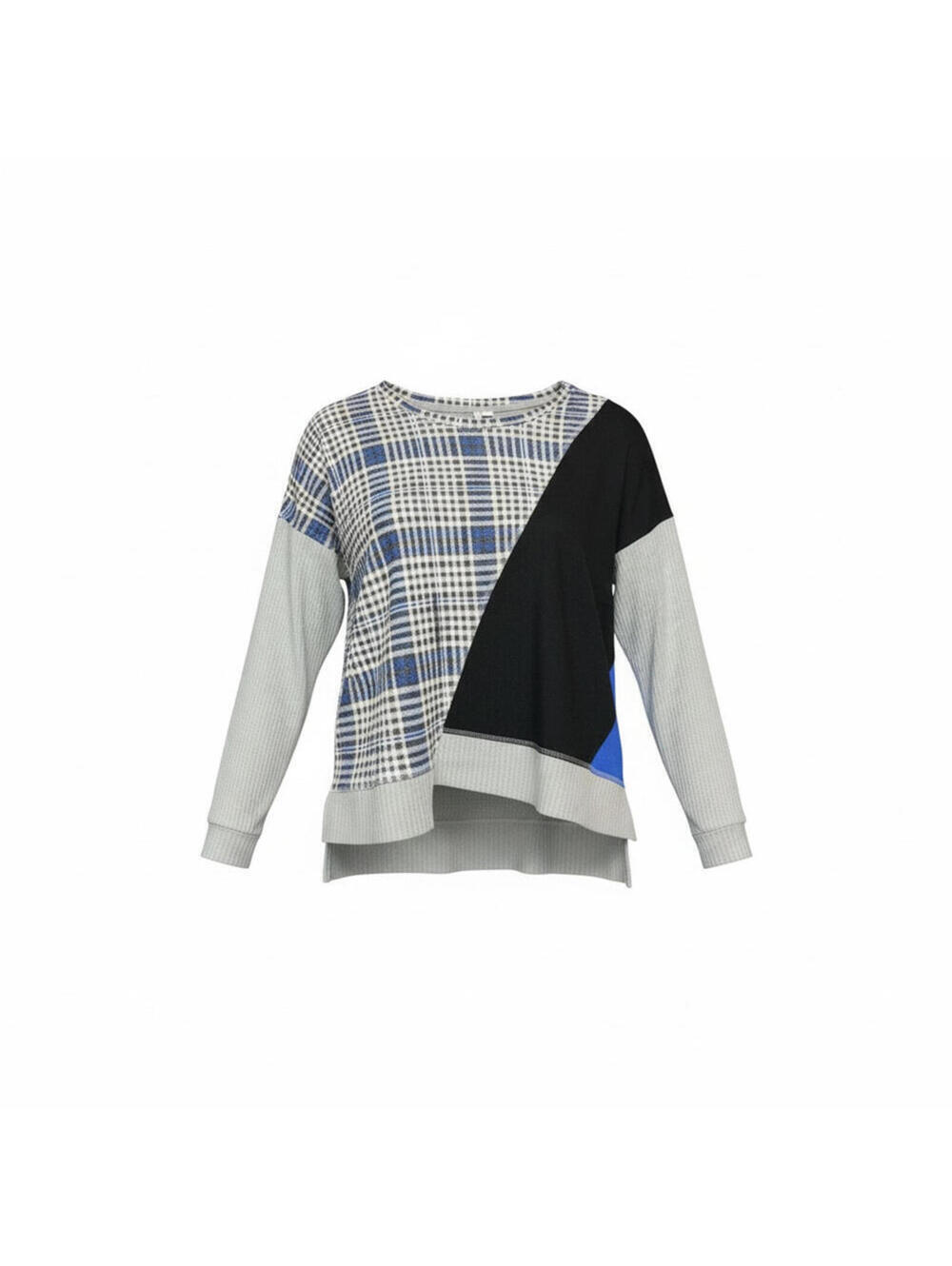 Cato Top Womens XL Colorblock Plaid Waffle Knit Long Sleeve Pullover Gray Blue